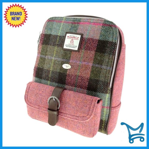 Handbags - Harris Tweed Backpack with Vegan Leather, Spacious 13x11x5.5